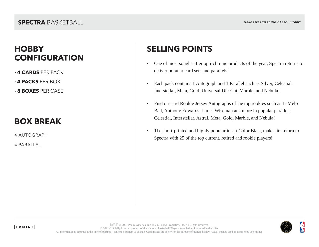 2020/21 Panini Spectra Basketball Hobby Box