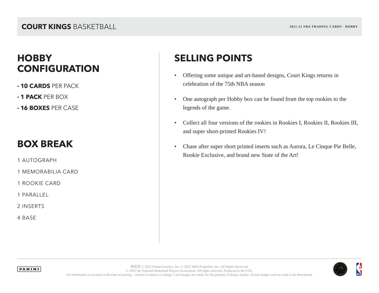 2021/22 Panini Court Kings Basketball Hobby Box