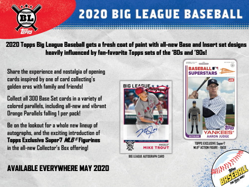 Configuration: 16 boxes per case. 5 packs per box. 10 cards per pack.
 

2020 Topps Big League Baseball gets a fresh coat of paint with all-new Base and Insert set designs heavily influenced by fan-favorite Topps sets of the ���80s and ���90s!

Share the experience and nostalgia of opening cards inspired by one of card collecting���s golden eras with family and friends!

Collect all 300 Base Set cards in a variety ofcolored parallels, including all-new and vibrant Orange Parallels falling 1 per pack!

Be on the lookout for a whole new lineup of autographs, and the exciting introduction of Topps Exclusive Super7 MLB �� Figurines in the all-new Collector���s Box offering!

BASE CARDS

300 base cards featuring the league���s top veterans and rookies on an all-new design!

Base Set Parallels

Orange Parallel ��� 1 Per Pack!

Rainbow Foil Parallel - #���d to 100

Black & White Parallel - #���d to 50

Red Foil Parallel - #���d 1-of-1

INSERT CARDS

Look for an eclectic mix of fun and collectible insert cards!

Roll Call! ��� (1:4 Packs)

Paying homage to the bleacher creatures��� famed ballpark ritual, call out your favorite players from around the diamond

- Autograph Parallel - #���d to 25

Ballpark Oddities

Flipping Out ��� (1:4 Packs)

Find some of the most emphatic longball celebrations immortalized on this new insert set!

- Autograph Parallel - #���d to 25

Defensive Wizards ��� (1:4 Packs)

The awe-inspiring defensive plays around the field get an electric boost with this insert set providing epic background imagery to match the moment

- Autograph Parallel - #���d to 25

Star Caricature Reproductions ��� (1:4 Packs)

Star Caricature Originals - #���d 1-of-1

Find the original art used in the Star Caricature

Reproductions insert, all hand #���d 1-of-1 and signed by the artist, Rich Molinelli.

AUTOGRAPHS

Big League Autographs

- Orange Border Parallel - #���d to 99

- Red Foil Parallel - #���d 1-of-1

Opening Act Autographs

Rookies in the opening act of their career fill out this checklist of collectible autograph cards

- Orange Border Parallel - #���d to 99

- Red Foil Parallel - #���d 1-of-1

COLLECTOR'S BOX EXCLUSIVE

Super7 Major League Baseball�� Action Figure

1 Per Collector���s Box

In collaboration with the highly-touted collectibles company Super7, these Major League Baseball�� action figures feature Topps exclusive jersey paint variants and card backer inspired by the 1982 design, and are exclusive to this 2020 Topps Big League Baseball Collector���s Box offering!

Super7 Major League Baseball�� Action Figure Cardback Variant (1:5 Collector���s Boxes)

Look for exclusive and rare action shot card backer image variants.