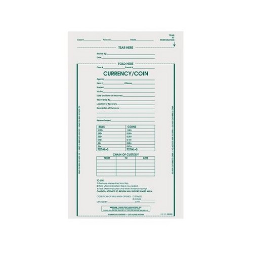 Sirchie Currency/Coin Evidence Bags, 9" x 12"