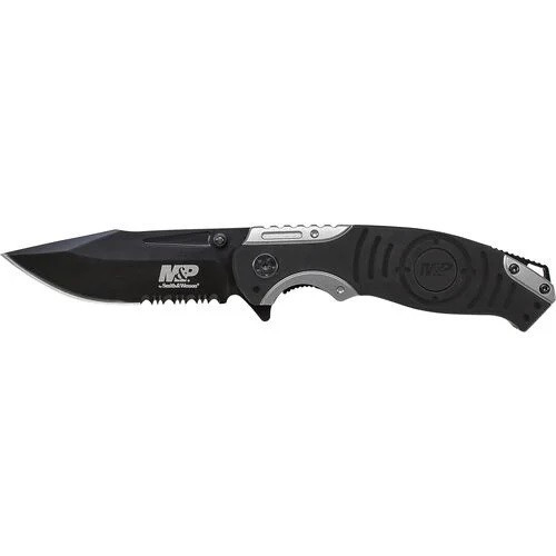 Smith & Wesson SWMP13GS M&P® Liner Lock Folding Knife 3.48" 8Cr13MoV High Carbon Stainless Steel Drop Point Blade, Black & Silver Handle
