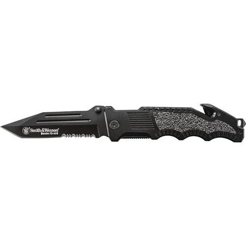 Smith & Wesson SWBG2TS Border Guard Liner Lock Folding Knife 4.4" 7Cr17MoV High Carbon Stainless Steel Partially Serrated Tanto Blade, Black Aluminum Handle