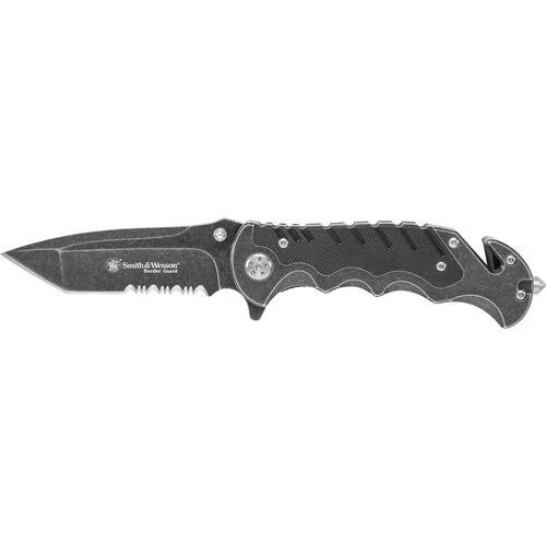 Smith & Wesson SWBG10S Border Guard Liner Lock Folding Knife 3.49" 7Cr17MoV High Carbon Stainless Steel Partially Serrated Tanto Blade, Black Aluminum Handle