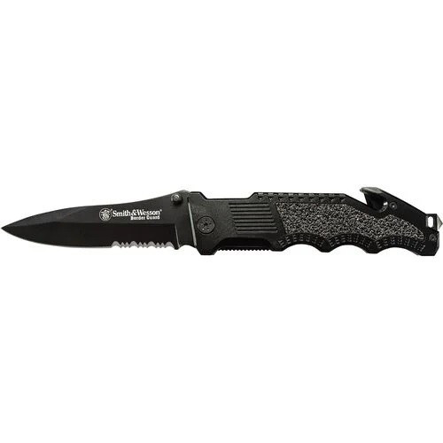 Smith & Wesson SWBG1S Border Guard Liner Lock Folding Knife 4.4" 7Cr17MoV High Carbon Stainless Steel Partially Serrated Drop Point Blade, Black Aluminum Handle