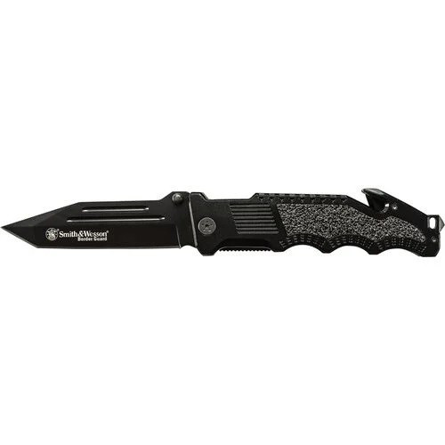 Smith & Wesson SWBG2T Border Guard Liner Lock Folding Knife 4.4" 7Cr17MoV High Carbon Stainless Steel Straight Edge Tanto Blade, Black Aluminum Handle
