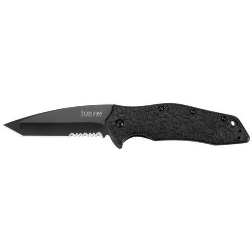 Kershaw 1835TBLKST Kuro Tanto Black, Serrated Folding Knife Assisted SpeedSafe American Tanto 3.10" Black-Oxide Coating 8Cr13MoV Partially Serrated Edge Blade, Black Handle