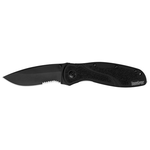 Kershaw 1670GBBLKST Blur, Glassbreaker Black, Serrated Folding Knife Assisted SpeedSafe Drop Point w/ Recurve 3.40" Cerakote Sandvik 14C28N Partially Serrated Edge Blade, Black Handle