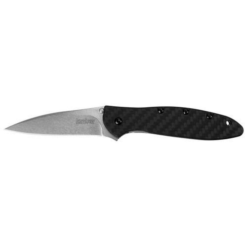Kershaw 1660CF Leek, Carbon Fiber Folding Knife Assisted SpeedSafe Drop Point 3.00" Stonewashed CPM 154 Plain Edge Blade, Carbon Fiber Handle