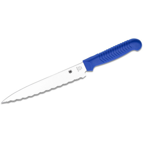 Spyderco K04SBL Kitchen Utility Knife 6.5" MBS-26 Serrated Edge Blade, Blue Polypropylene Handle