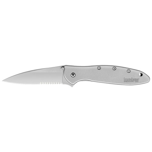 Kershaw 1660ST Leek, Serrated Folding Knife Assisted SpeedSafe Drop Point 3.00" Sandvik 14C28N Partially Serrated Edge Blade, Stainless Steel Handle