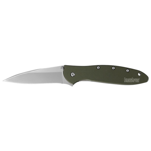 Kershaw 1660OL Leek, Olive Folding Knife Assisted SpeedSafe Drop Point 3.00" Sandvik 14C28N Plain Edge Blade, Olive Handle