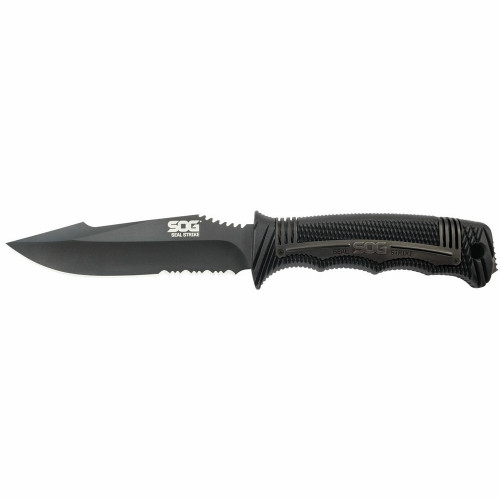 SOG SS1003-CP SEAL Strike (Deluxe Sheath) Fixed Knife 4.90" AUS-8 Clip Point Partially Serrated Edge Blade, Black GRN Handle