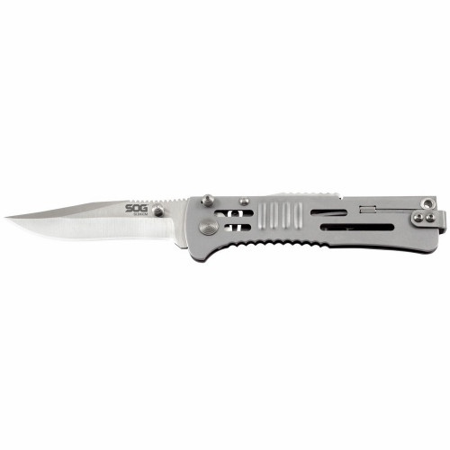 SOG SJ31-CP SlimJim Folding Knife 3.18" AUS-8 Clip Point Plain Edge Blade, Satin Stainless Steel Handle