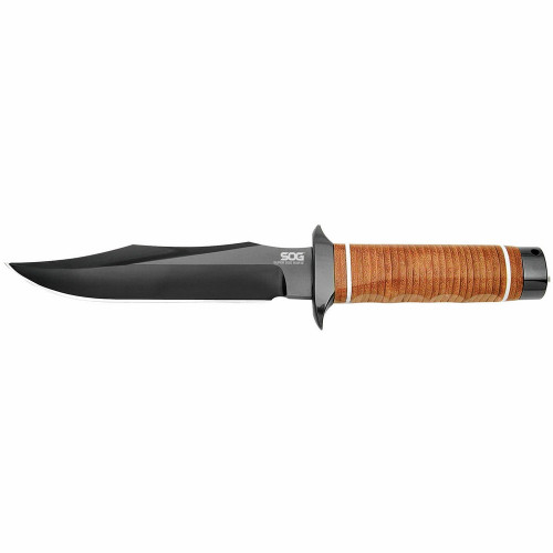 SOG SB1T-L Super SOG Bowie Knife 7.50" AUS-8 Clip Point Plain Edge Blade, Brown Leather Handle