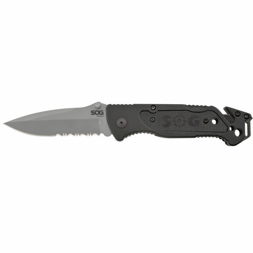 SOG FF24-CP Escape (Bead Blasted) Folding Knife 3.40" 9Cr18MoV Clip Point Partially Serrated Edge Blade, Black Anodized Aluminum Handle