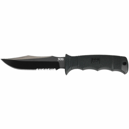 SOG E37T-K Seal Pup Elite (Kydex Sheath) Fixed Knife 4.85" AUS-8 Clip Point Partially Serrated Edge Blade, Black GRN Handle
