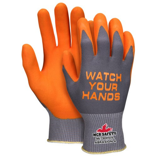 MCR Safety 96790HVI 15 Gauge Gray Nylon Shell, Hi-Vis Orange Nitrile Palm & Fingertips, ActiFresh® Treated Work Gloves w/ "WATCH YOUR HANDS" Logo