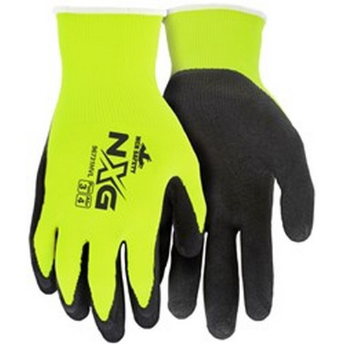 MCR Safety 96731HV NXG® 13 Gauge Hi-Vis Lime Nylon/Polyester Shell, Black Latex Foam Coated Palm & Fingertips Work Gloves