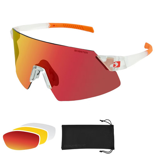 Bobster BCAD01 Cadence Cycling Sunglass w/ Matte Clear/Orange Frame & Smoke Black Red Revo, Yellow & Clear Lens