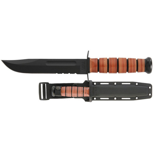 KA-BAR 5018 USMC KA-BAR Serrated Edge Fixed Knife 11.88" Clip Point 1095 Cro-Van Blade, Brown Leather Handle