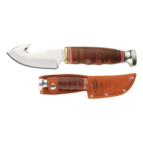 KA-BAR 1234 Game Hook Fixed Knife 7.25" Game Hook DIN 1.4116 Stainless Steel Blade, Brown Leather Handle