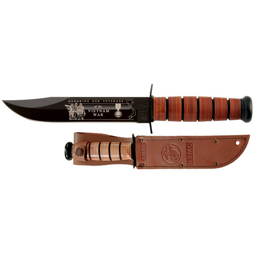 KA-BAR 9140 Vietnam USMC Veteran Fixed Knife 11.88" Clip Point 1095 Cro-Van Blade, Brown Leather Handle