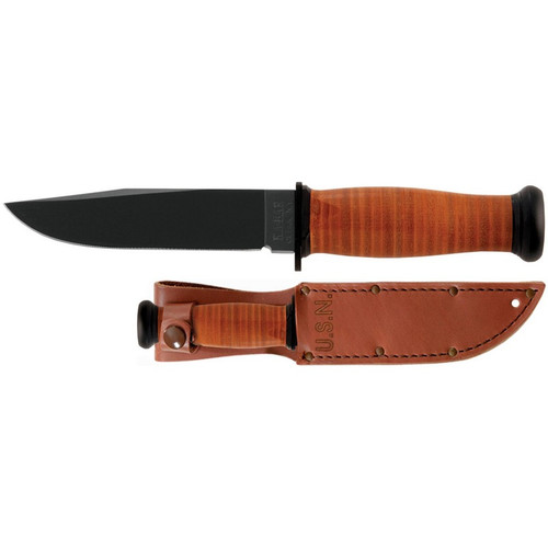 KA-BAR 2225 Mark I Fixed Knife 9.19" Clip Point 1095 Cro-Van Blade, Brown Leather Handle