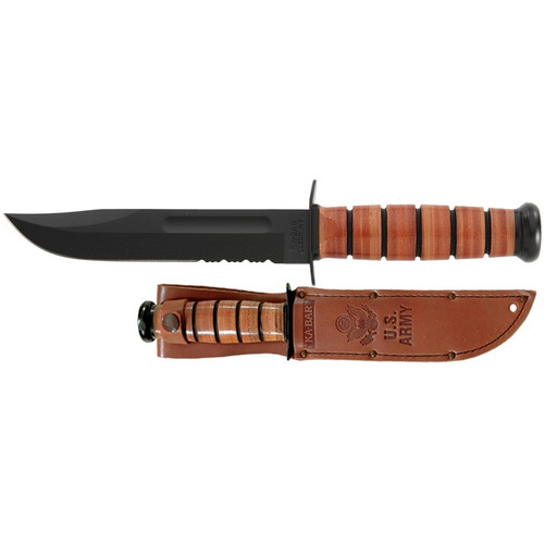 KA-BAR 1219 U.S. Army KA-BAR Serrated Edge Fixed Knife 11.88" Clip Point 1095 Cro-Van Blade, Brown Leather Handle