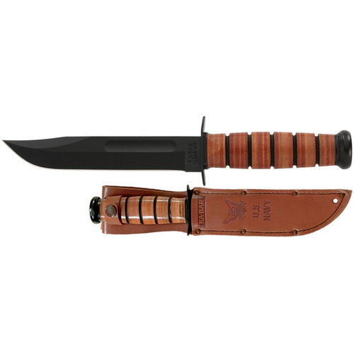 KA-BAR 1225 U.S. Navy KA-BAR Straight Edge Fixed Knife 11.88" Clip Point 1095 Cro-Van Blade, Brown Leather Handle
