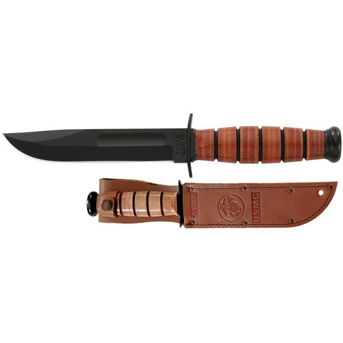 KA-BAR 1250 USMC Short KA-BAR Fixed Knife 9.25" Clip Point 1095 Cro-Van Blade, Brown Leather Handle