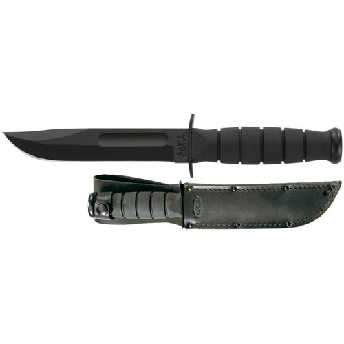 KA-BAR 1256 Short KA-BAR Straight Edge Fixed Knife 9.25" Clip Point 1095 Cro-Van Blade, Black Kraton G Handle, Leather Sheath