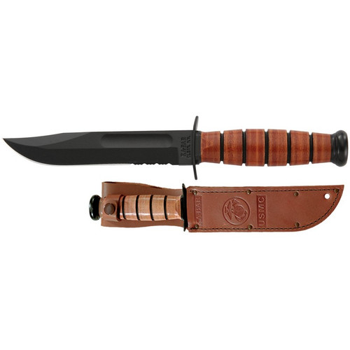 KA-BAR 1252 USMC Short KA-BAR Serrated Fixed Knife 9.25" Clip Point 1095 Cro-Van Blade, Brown Leather Handle