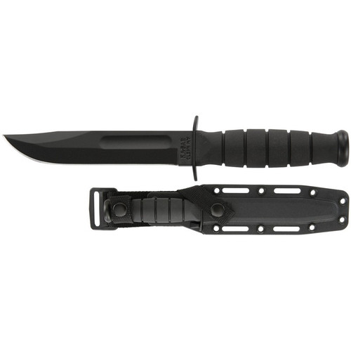 KA-BAR 1258 Short KA-BAR Straight Edge Fixed Knife 9.25" Clip Point 1095 Cro-Van Blade, Black Kraton G Handle, Plastic MOLLE Sheath
