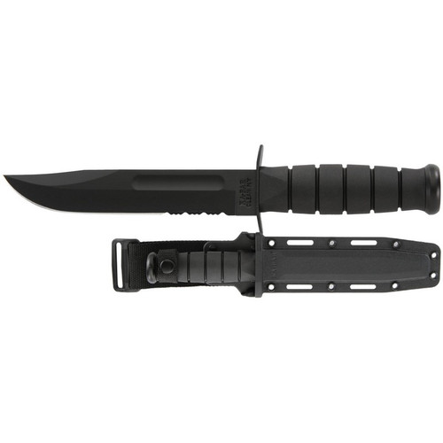 KA-BAR 1214 Full Size KA-BAR Serrated Edge Fixed Knife 11.75" Clip Point 1095 Cro-Van Blade, Black Kraton G Handle, Plastic MOLLE Sheath