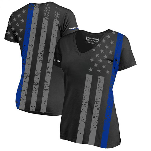 Thin Blue Line Women's Distressed American Flag Dry Wicking V-Neck Athletic T-Shirt