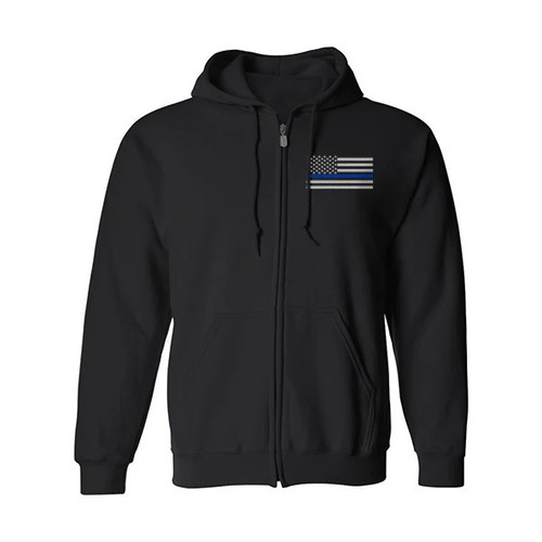 Thin Blue Line American Flag Full Zip Hoodie, Black