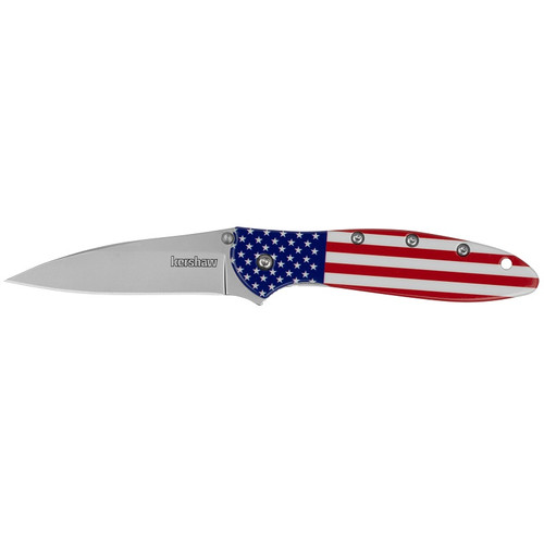 Kershaw 1660USA Leek USA Flag Folding Knife Assisted Drop Point 3.00" 14C28N Plain Edge Blade