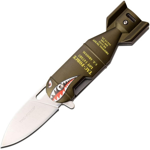 Tac Force TF-1039GN Linerlock Assisted Opening Folding Knife, 2.25" 3Cr13 Stainless Steel Drop Point Blade, Green Anodized Aluminum Handle w/ WWII Shark Artwork