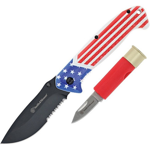 Smith & Wesson 1189841 Americas Heroes Gift Set Linerlock Folding Knife 3.25" Stainless Steel Drop Point Blade, Red/White/Blue Nylon Handle