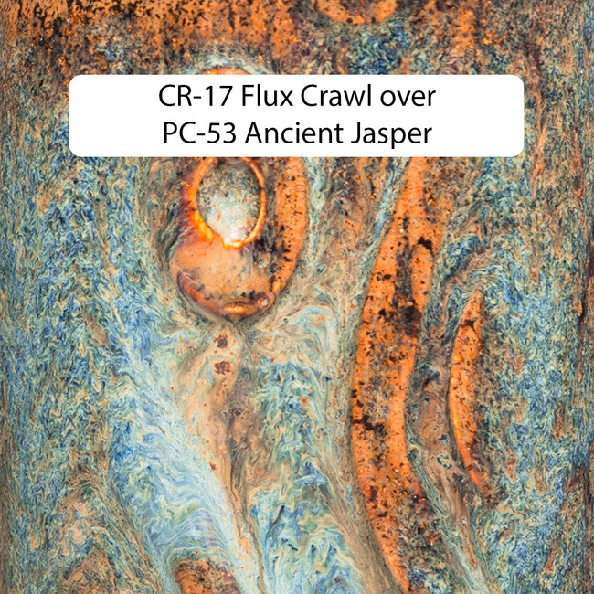CR-17 over PC-53, 2 coats over 2 coats, Cone 6.