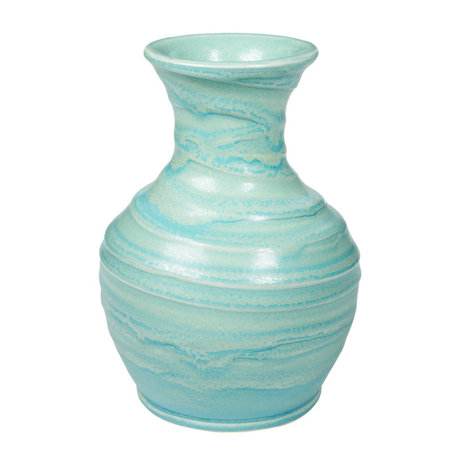 Vase with slip detailing and glazed with P-20 Aqua Shimmer fired to Cone 6 on AMACO No.16 White Chocolate Clay