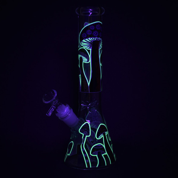 Shrooms Are Watching Glow Glass Beaker Water Pipe - 10" - 14mm F - Designs Vary