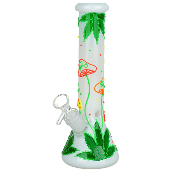 420 Hemp Leaf and Shrooms Glow In The Dark Glass Water Pipe - 9.5" / 14mm F