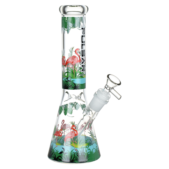 Pulsar Chillin' Flamingos Beaker Glass Water Pipe - 9.75" / 14mm F