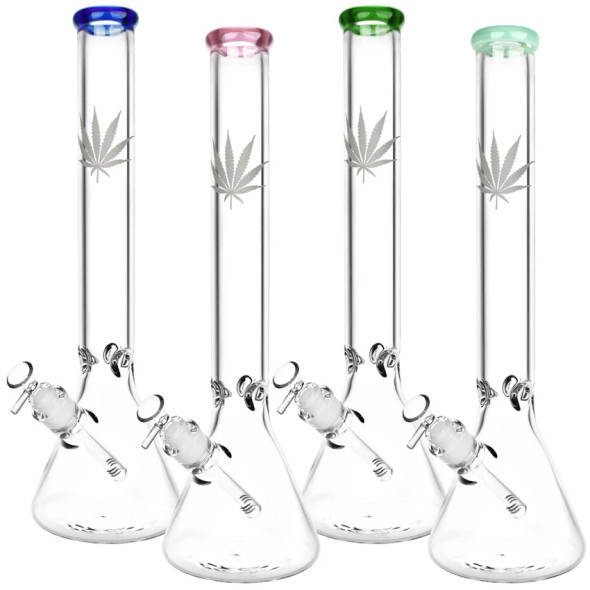 Silver Hemp Leaf 18" Glass Beaker Water Pipe - 14mm F Colors Vary