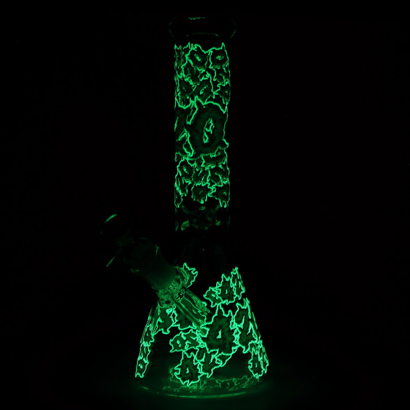 420 Clouds Glow In The Dark Beaker Glass Water Pipe - 10" / 14mm F / Colors Vary