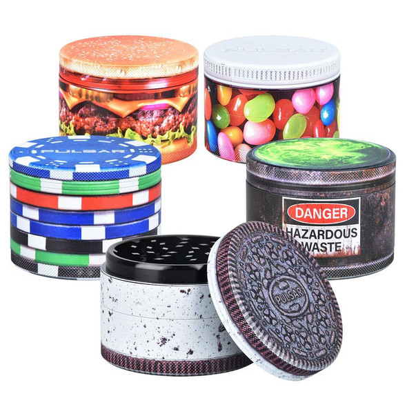 Pulsar Design Series Aluminum Grinder - 4pc / 2.5" / Assorted Designs/ 6ct