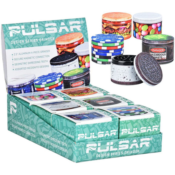 Pulsar Design Series Aluminum Grinder - 4pc / 2.5" / Assorted Designs/ 6ct