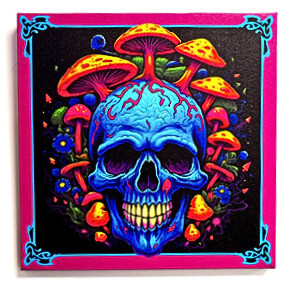Skull with Mushrooms Canvas Print 10.25" x 10.25" with Wooden Back