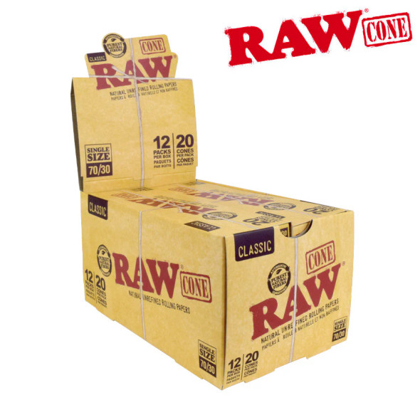 RAW Classic Natural Unrefined Pre-Rolled Cones, 20 Cones per Pack, 12 Packs per Display - 70/30mm